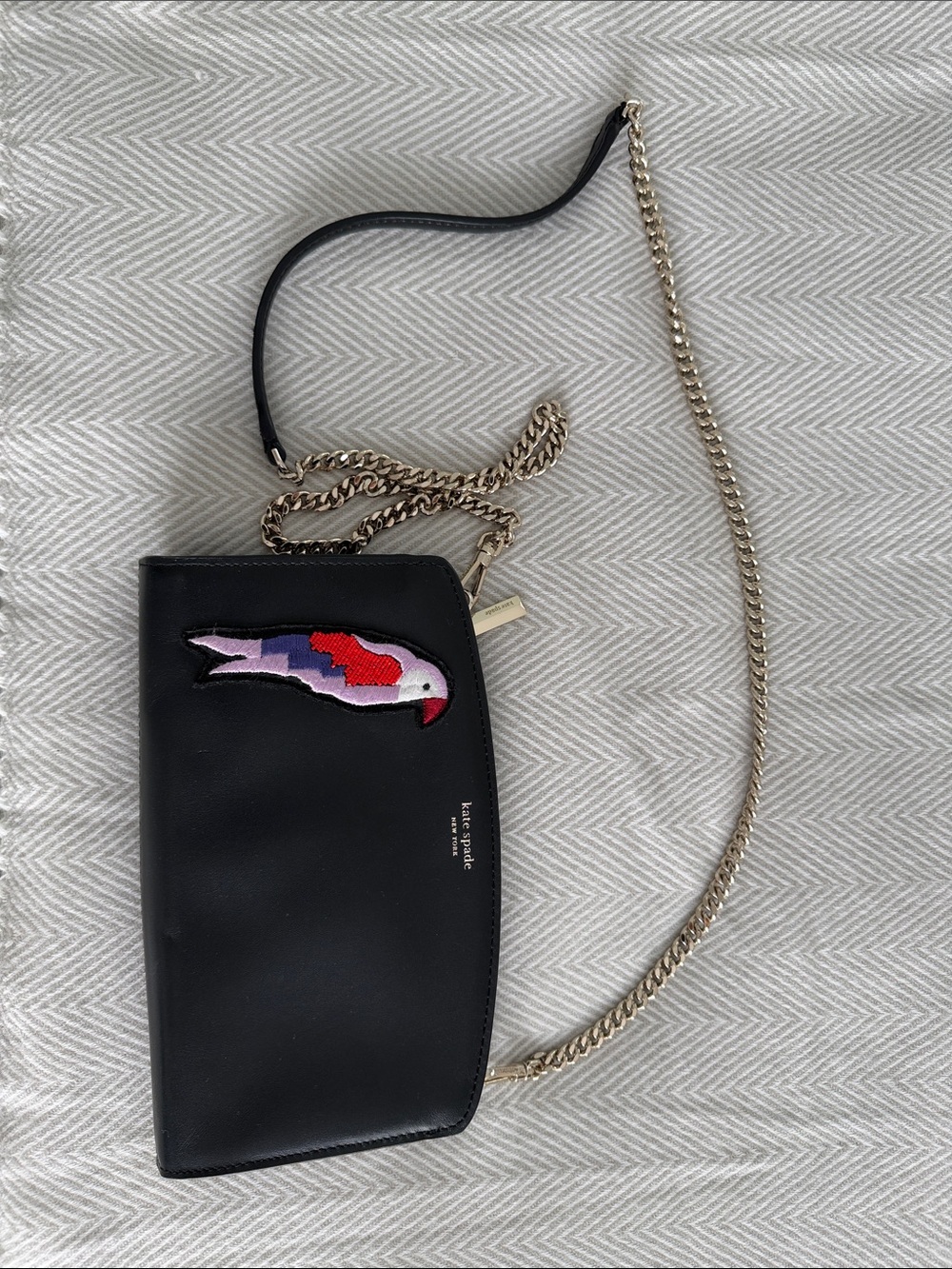 kate spade Black Leather Crossbody with Colorful Bird Patch